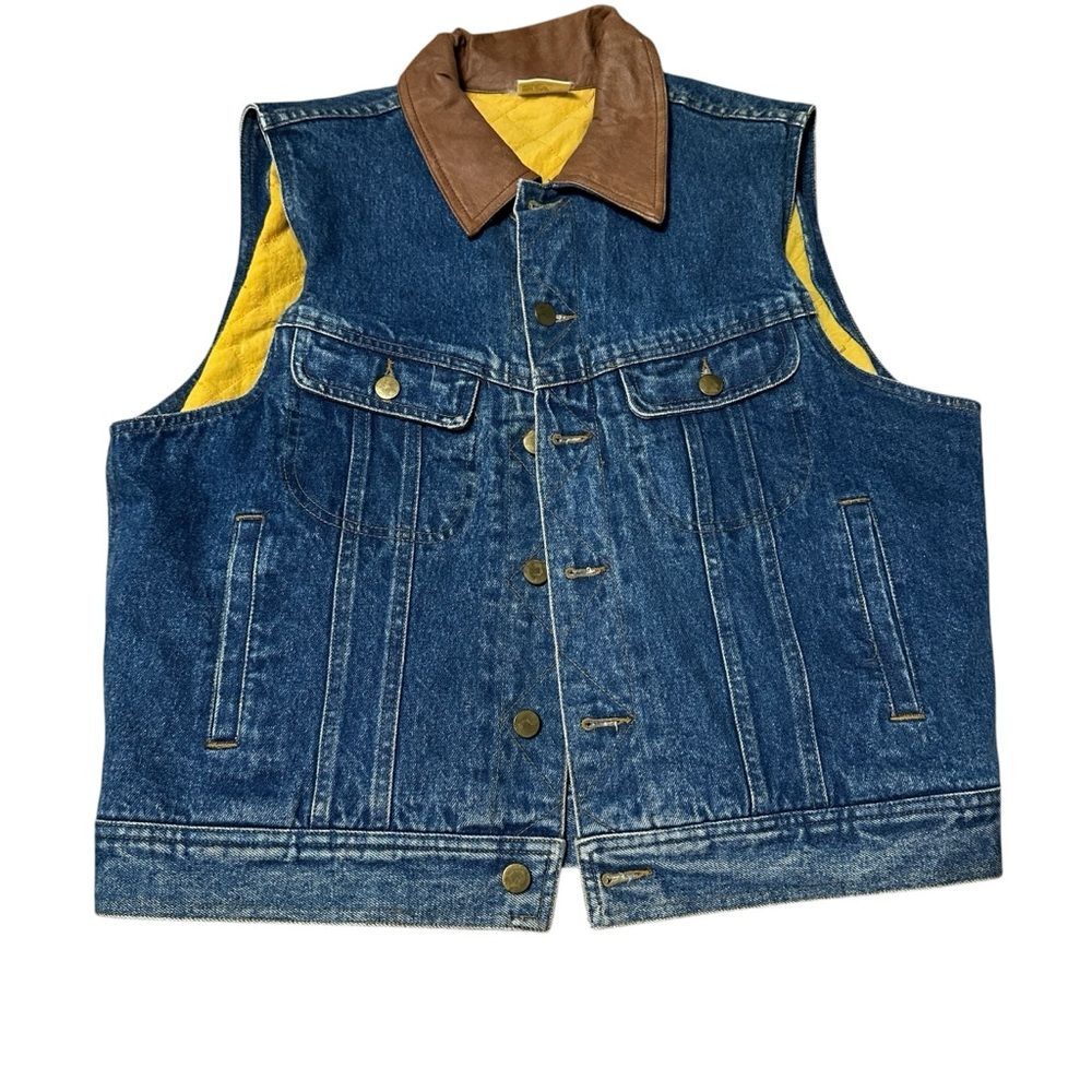 Vintage Rare Denim Vest with Leather Collar Quilted Lining Western M